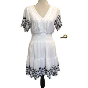 Embroidered Gauze Mini Dress Sz L Smocking Scalloped Sleeves Kings Road Prairie